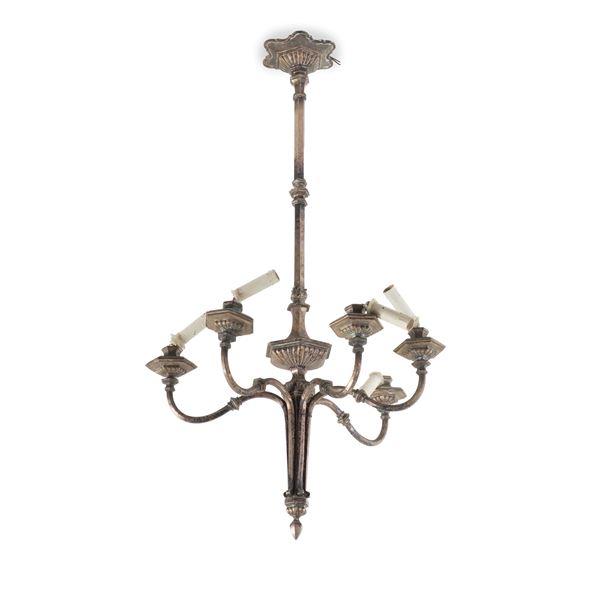Lampadario in metallo argentato a sei luci
