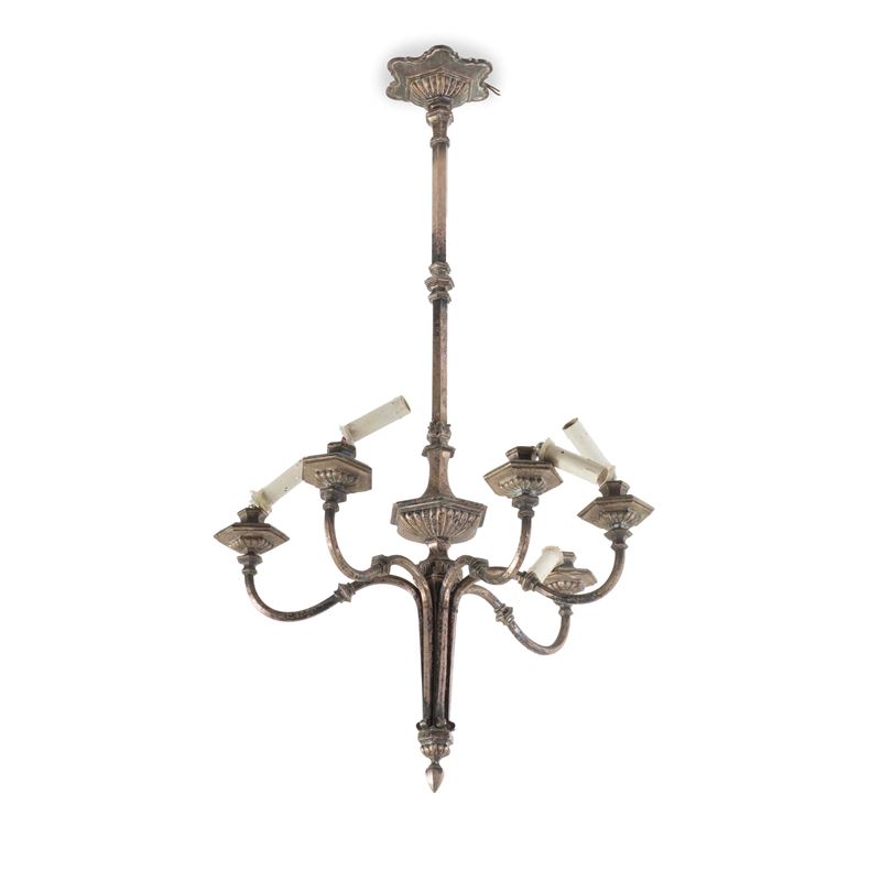 Lampadario in metallo argentato a sei luci  - Asta Antiquariato - Cambi Casa d'Aste