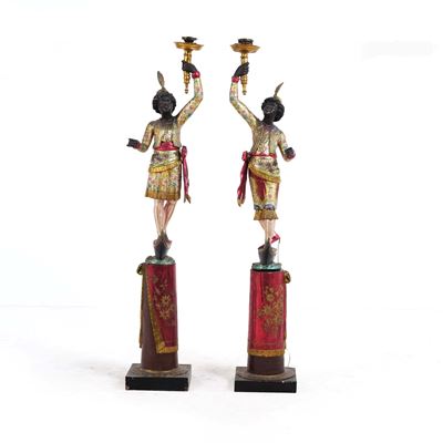 Coppia di Mori in Legno Intagliato e Laccato e Dorato, Venezia XIX-XX Secolo