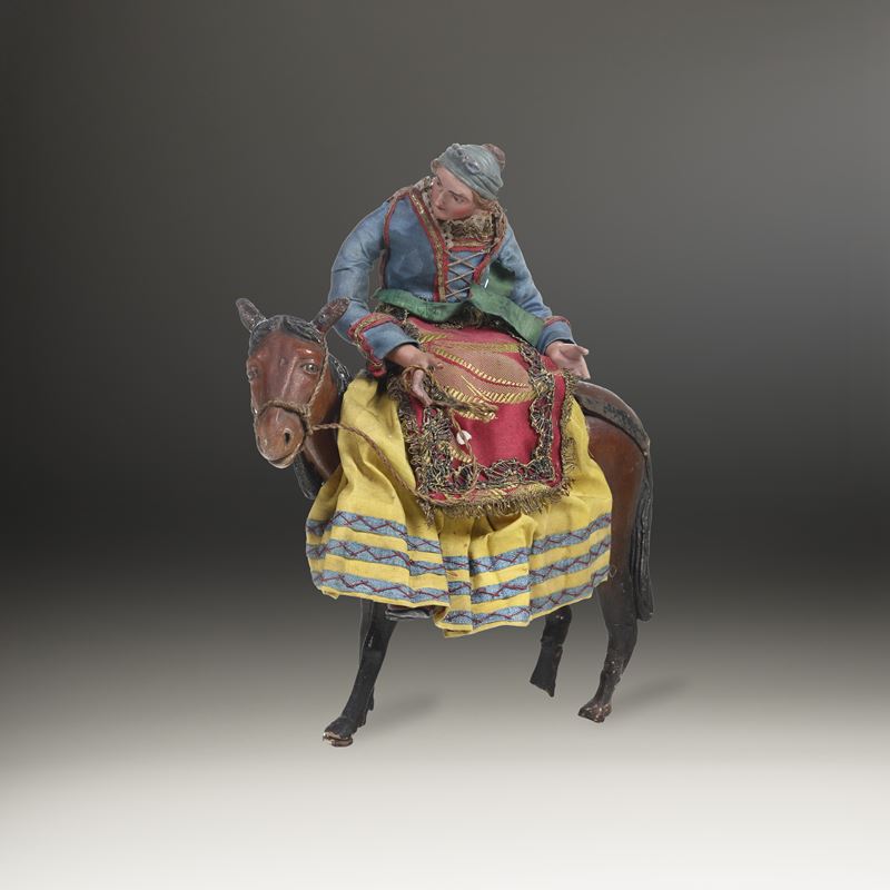 Figura femminile a dorso di cavallo. (La fuga in Egitto?) Arte presepiale genovese del XVIII-XIX secolo  - Asta Scultura e Oggetti d'Arte - Cambi Casa d'Aste