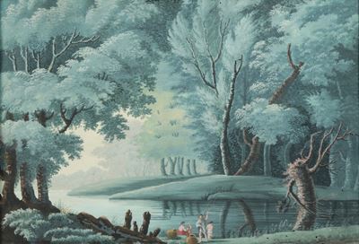 Scuola del XVIII secolo, Paesaggio fluviale con pescatori, tempera su carta