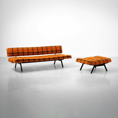 Divano e poltrona reclinabili modello Reno, metallo laccato e tessuto, Italia, circa 1960