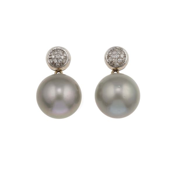 Pair of Tahitian pearl, diamond and gold earrings