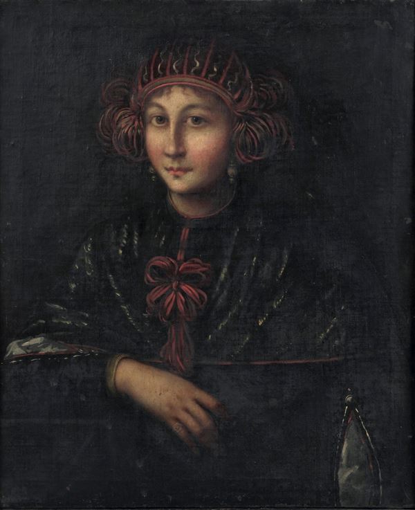 Scuola dell'inizio del XVII secolo Ritratto di fanciulla con copricapo