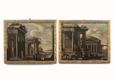 Capricci architettonici con figure, olio su tela
