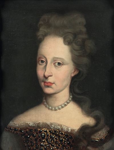 Scuola francese del XVII secolo, Ritratto di dama con collana di perle, olio su tela