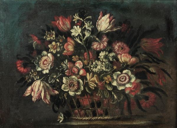 Scuola del XVIII secolo Natura morta con cesto di fiori