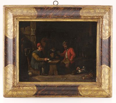 Scuola olandese del XVIII secolo, Scena di genere in interno di osteria, olio su tela