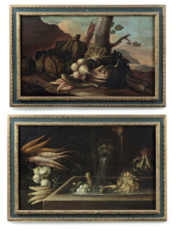 Scuola spagnola del XVII/XVIII secolo Nature morte con composizioni di ortaggi e verdure