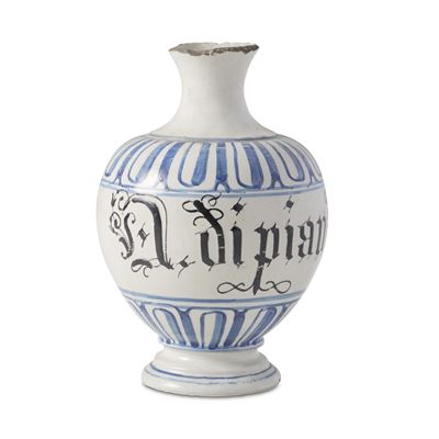 Italia settentrionale (probabile area veneta), Bottiglia apotecaria in maiolica, decorazione a ba...