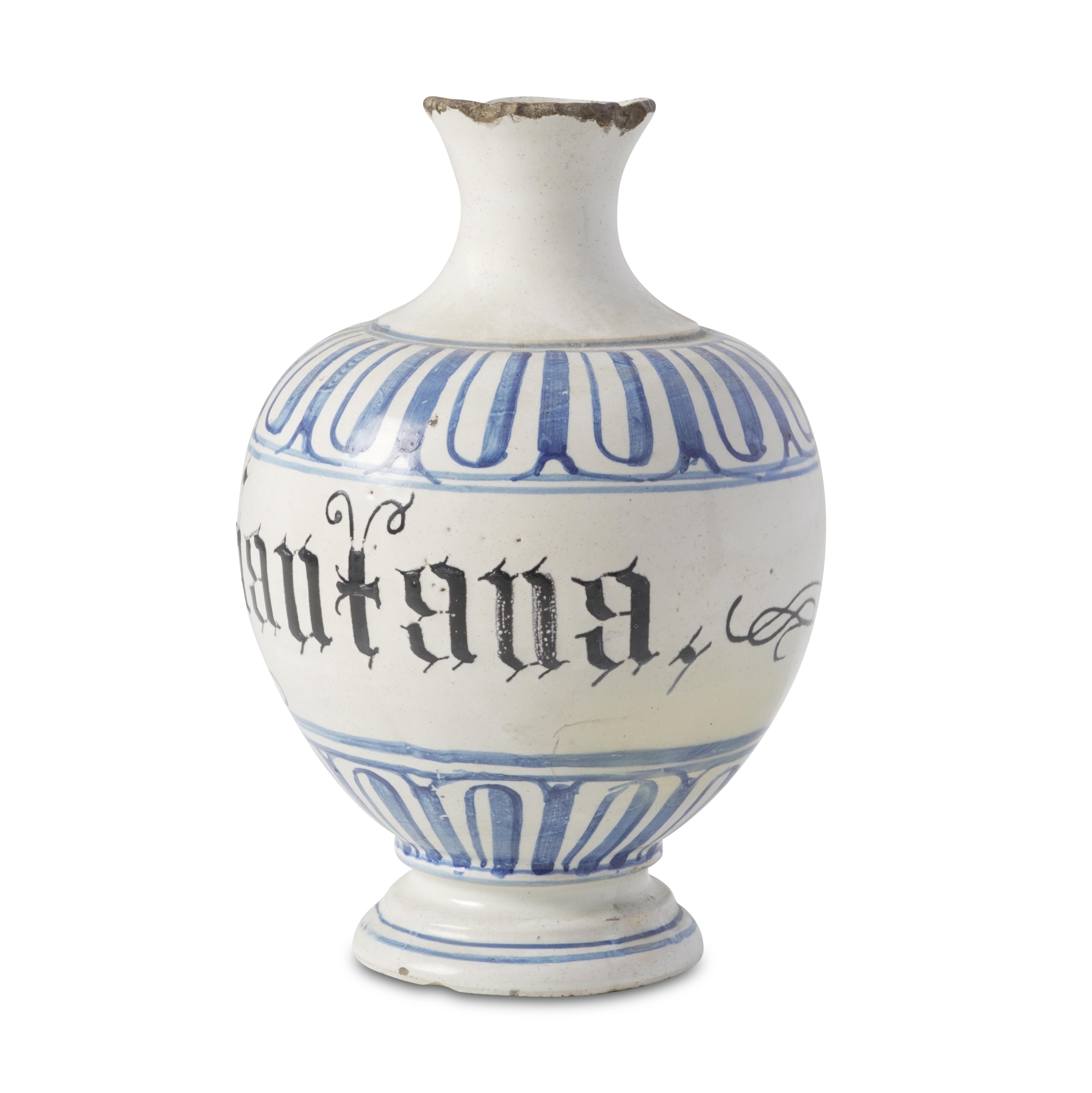Italia settentrionale (probabile area veneta), Bottiglia apotecaria in maiolica, decorazione a ba...
