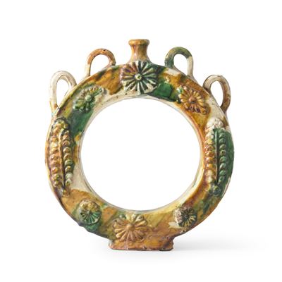 Natale Russo (attrib.), Fiasca a ciambella schiacciata in terracotta smaltata