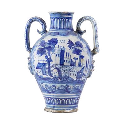 Anfora in maiolica policroma blu di cobalto, Napoli, XX secolo