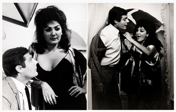 lotto di due fotografie Moira Orfei e Marcello Mastroianni, scena tratta dal film 