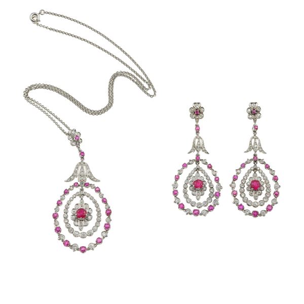 Diamond, ruby and platinum demi-parure