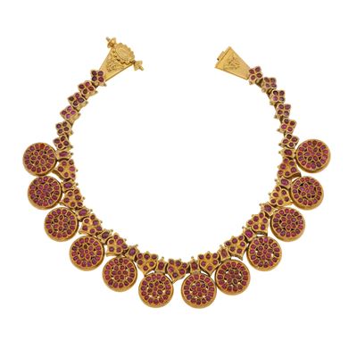 Girocollo in oro massiccio con rubini cabochon, India, Tamil Nadu