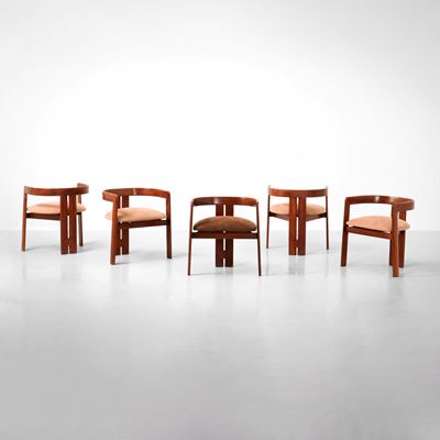 Cinque poltrone mod. Pigreco, legno e tessuto, 1957