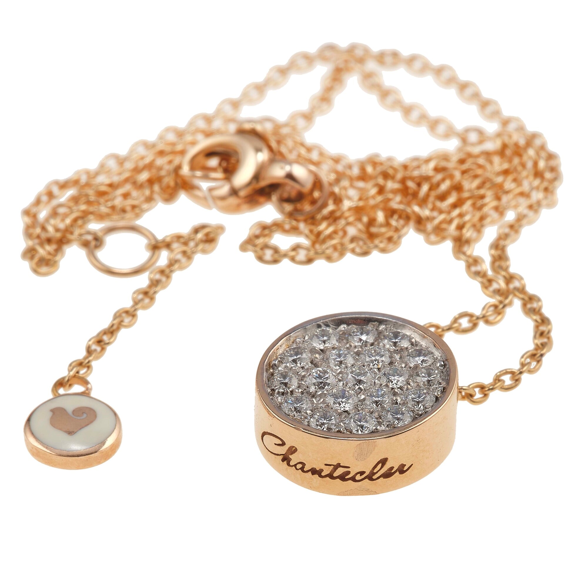 Chantecler, Girocollo con pendente "Paillettes" in oro rosa con diamanti e smalto bianco