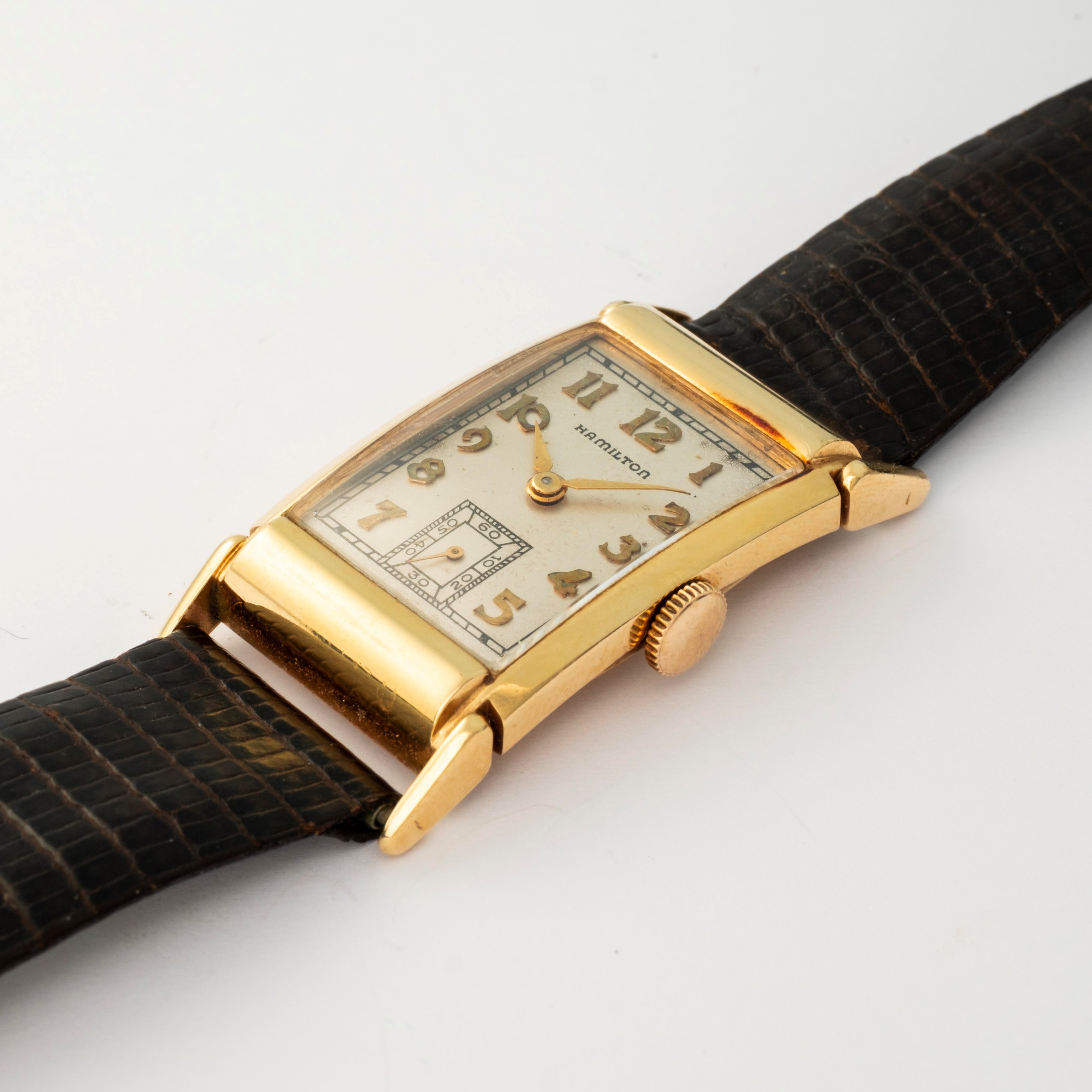Hamilton - Orologio da uomo in oro giallo 14k con quadrante argentato e indici applicati, circa 1...