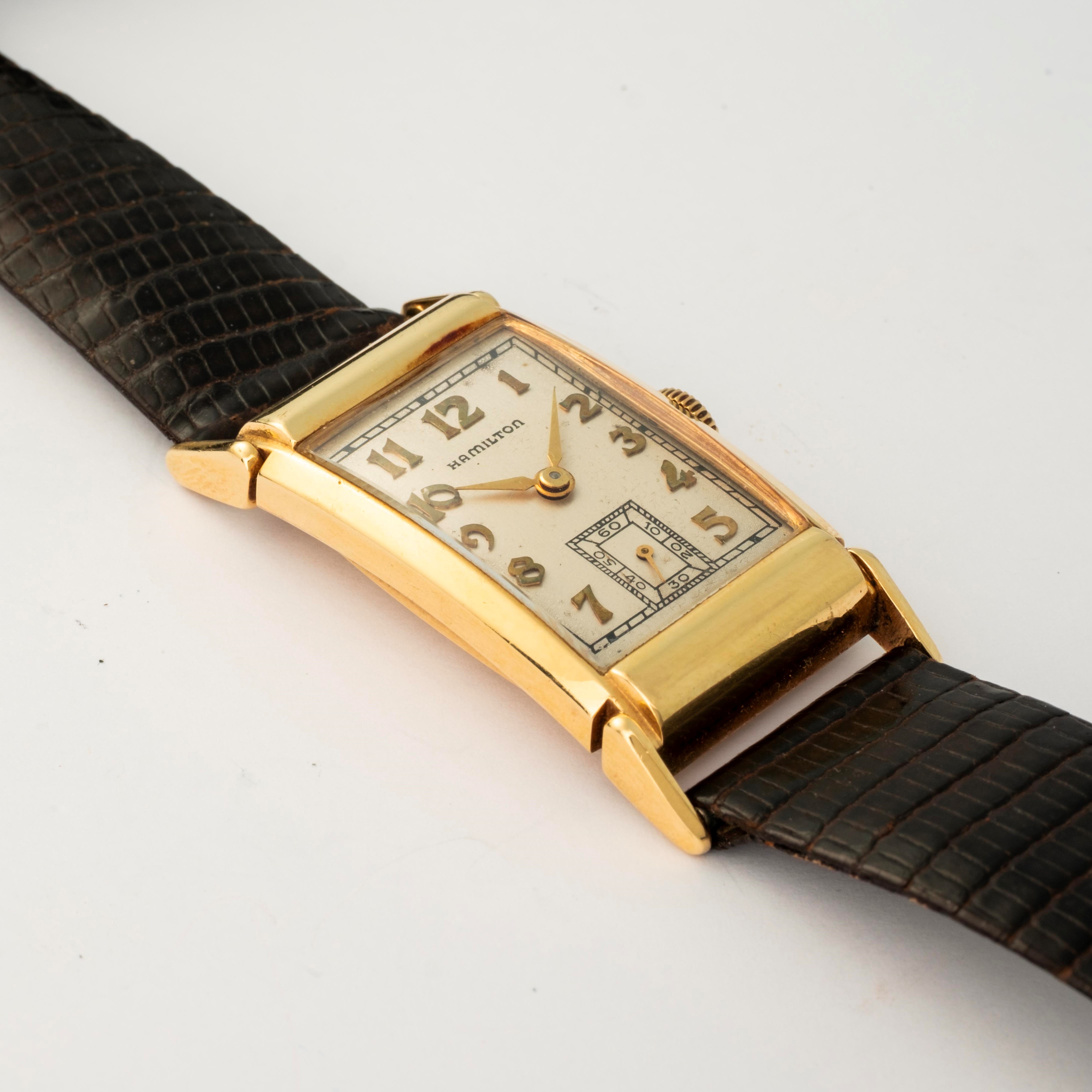 Hamilton - Orologio da uomo in oro giallo 14k con quadrante argentato e indici applicati, circa 1...