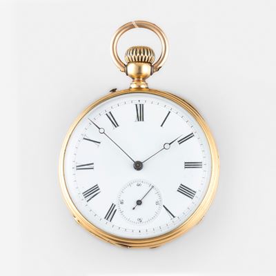 Orologio da tasca in oro giallo 18k, quadrante bianco con lancette Breguet e piccoli secondi al s...