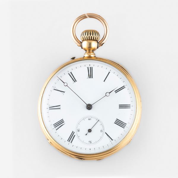 Orologio da tasca in oro giallo 18k, quadrante bianco con lancette Breguet e piccoli secondi al sei 45 mm, peso 72,8 g