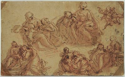 Scuola Romana del XVII secolo, Studi di Madonna con Bambino, penna, inchiostro bruno e acquerello...
