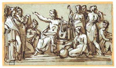 Scuola dell'inizio del XIX secolo, Apollo e le muse - Penna, inchiostro bruno e biacca su carta