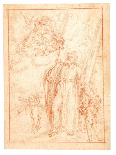 Scuola toscana del XVII secolo, San Pietro e studi di putti, matita rossa su carta