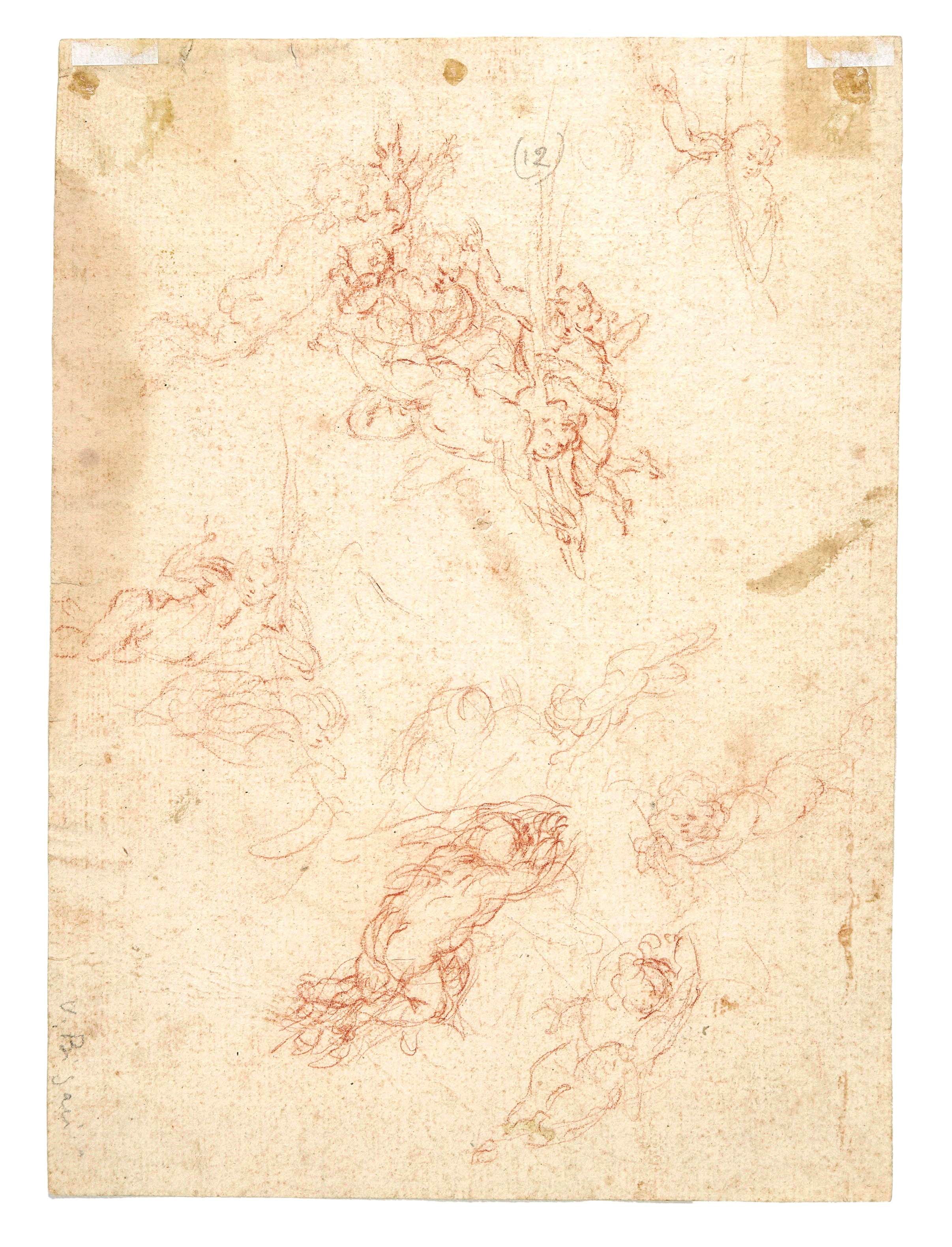 Scuola toscana del XVII secolo, San Pietro e studi di putti, matita rossa su carta