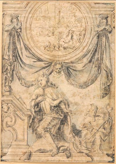 Scuola francese del XVIII secolo, Studio per frontespizio con figura di condottiero, penna, inchi...