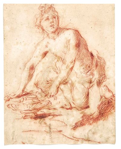 Scuola toscana del XVII secolo, Figura inginocchiata, matita rossa su carta
