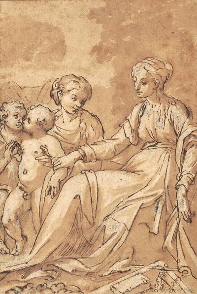 Vergine con Gesù Bambino e San Giovannino, penna, inchiostro bruno, biacca e acquerello su carta