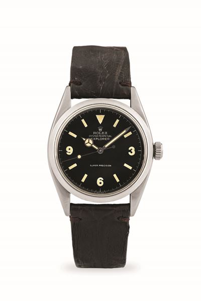 Ovettone Explorer ref. 6298 in acciaio con quadrante nero e grafica argentata, circa 1953