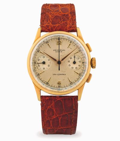 Cronografo Uni-compax in oro giallo 18k con quadrante argentato, circa 1940