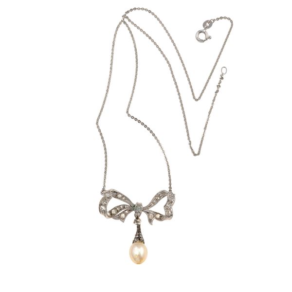 Diamond, cultured pearl, gold and silver necklace