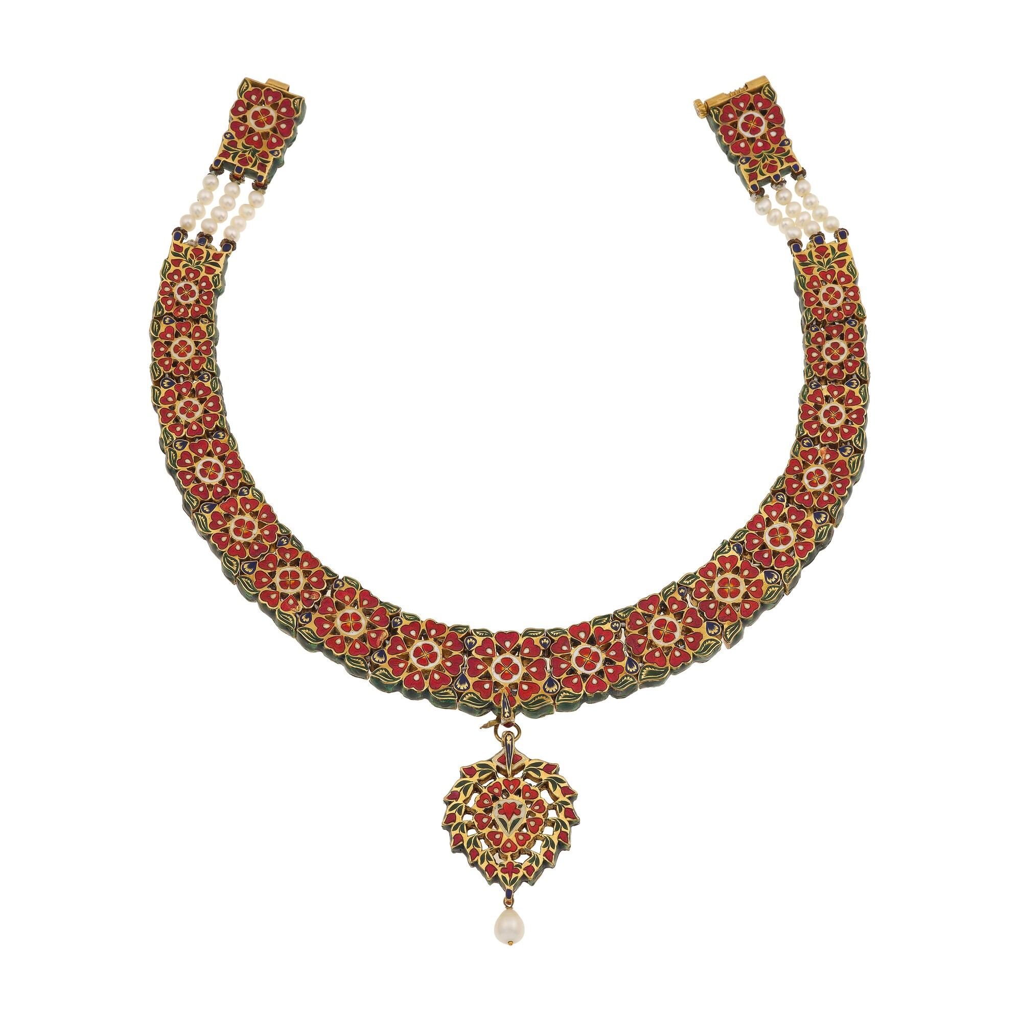 Collana in oro con smalti policromi, diamanti 'flat-cut' e perle, Nord India, Jaipur
