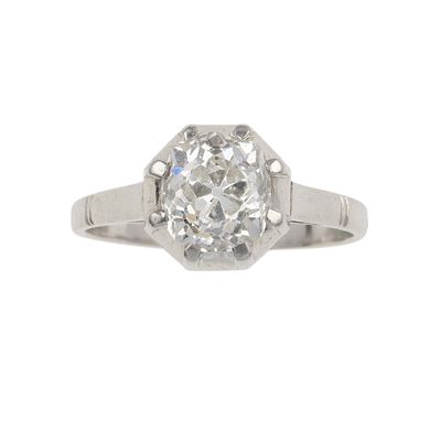 Anello con diamante di vecchio taglio, oro bianco 750, ct 1.20 circa