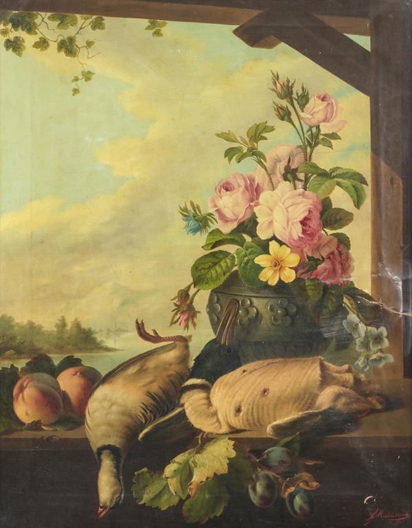 Natura morta con vaso di fiori e cacciagione