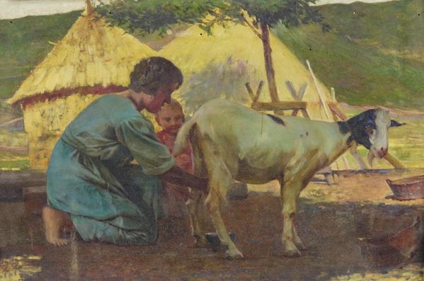 Pittore della fine del XIX secolo Ritratto di donna che munge una capra