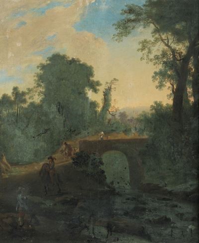 Paesaggio fluviale con ponte e viandanti, olio su tela