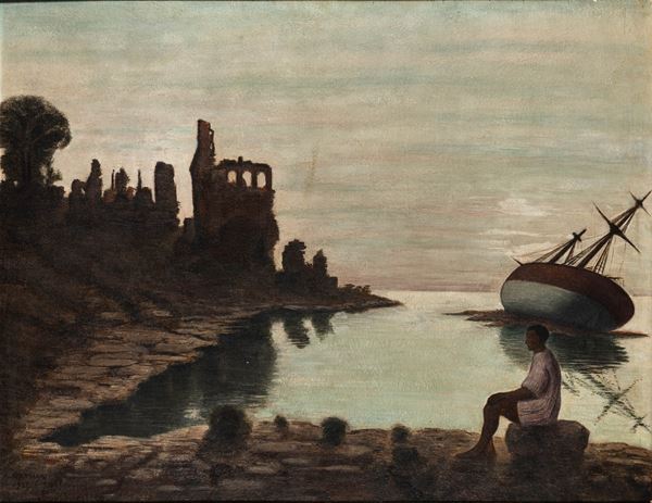 Nave arenata presso una costa con rovina