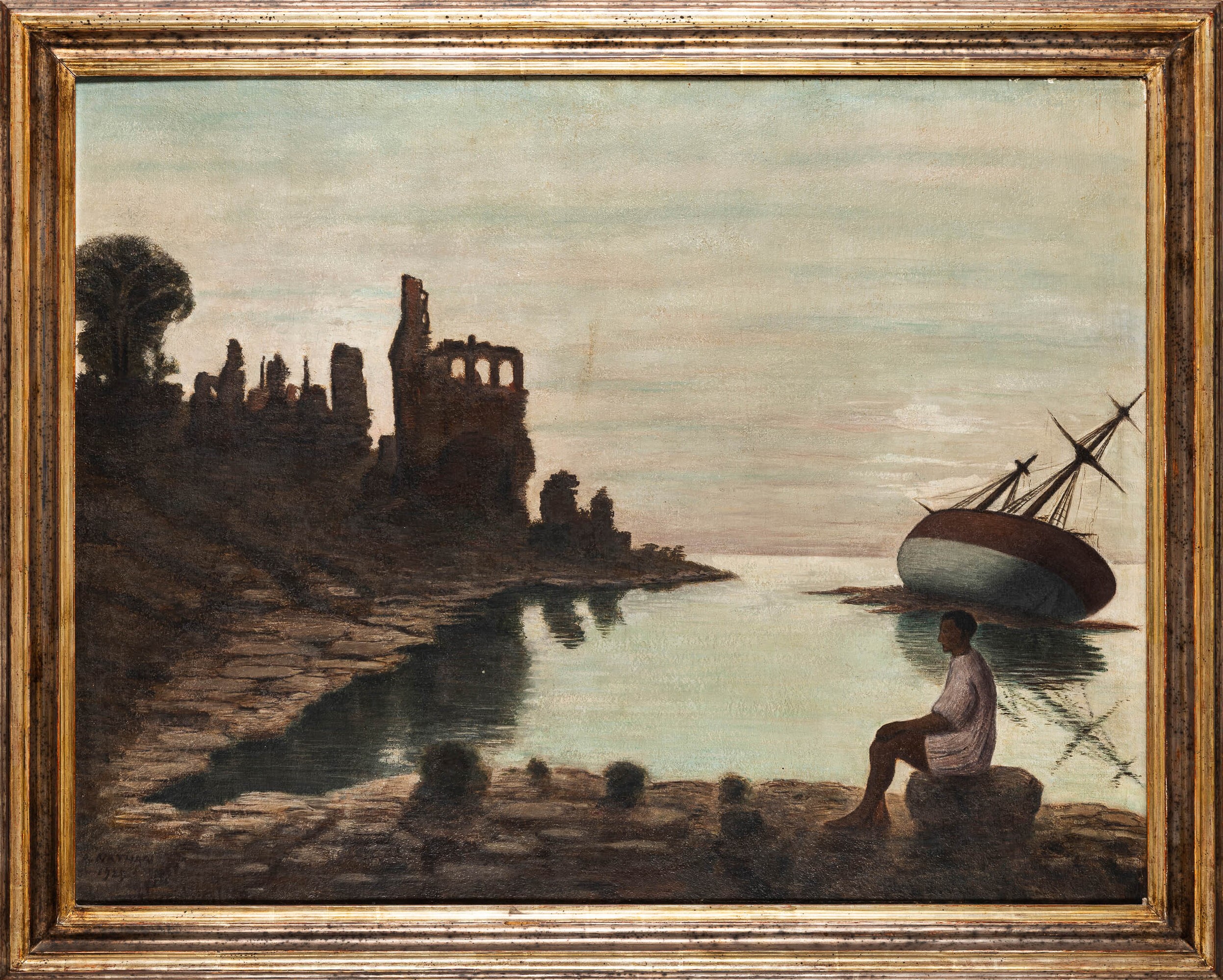 Arturo Nathan - Nave arenata presso una costa con rovina, olio e tempera su tavola
