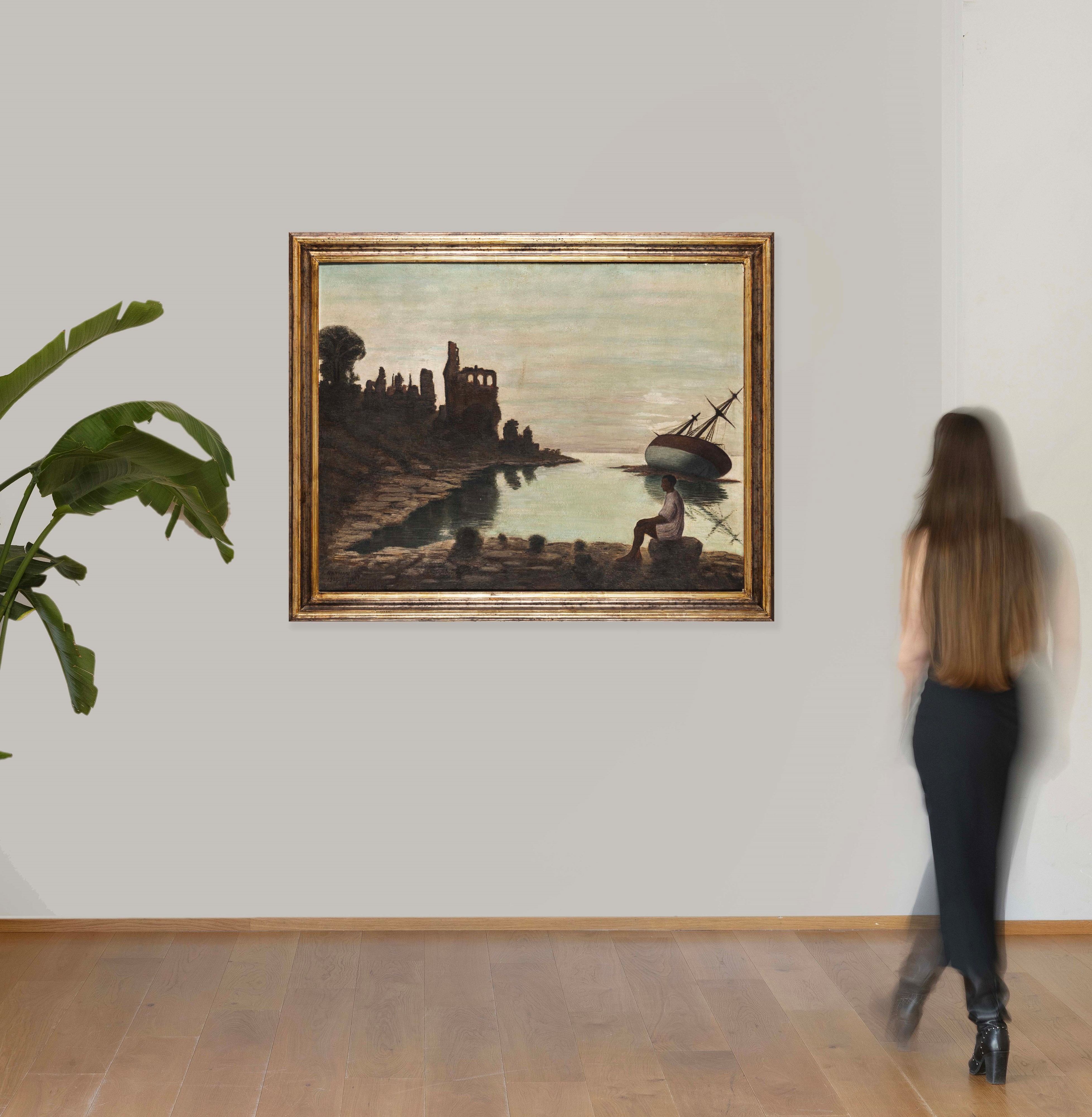 Arturo Nathan - Nave arenata presso una costa con rovina, olio e tempera su tavola