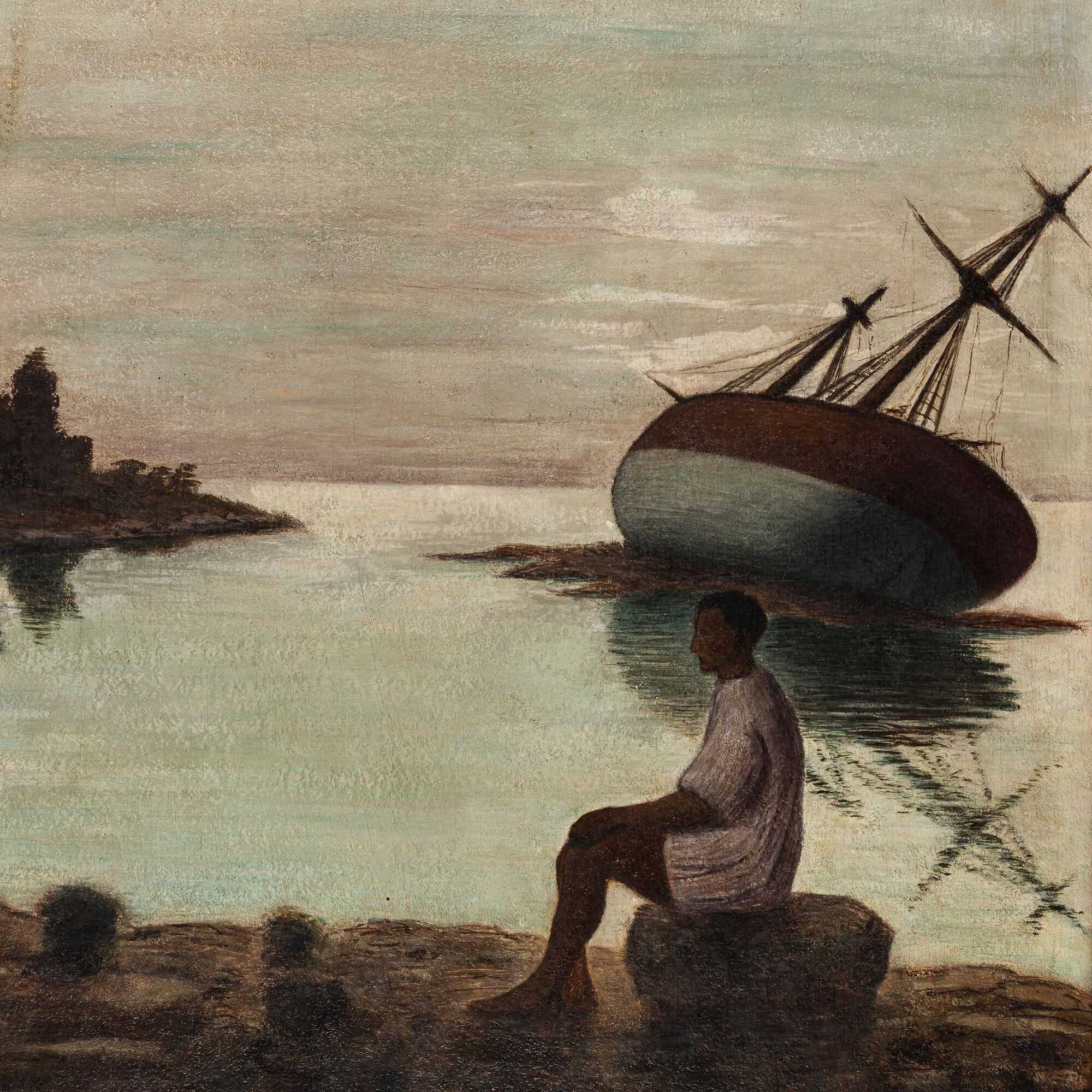 Arturo Nathan - Nave arenata presso una costa con rovina, olio e tempera su tavola