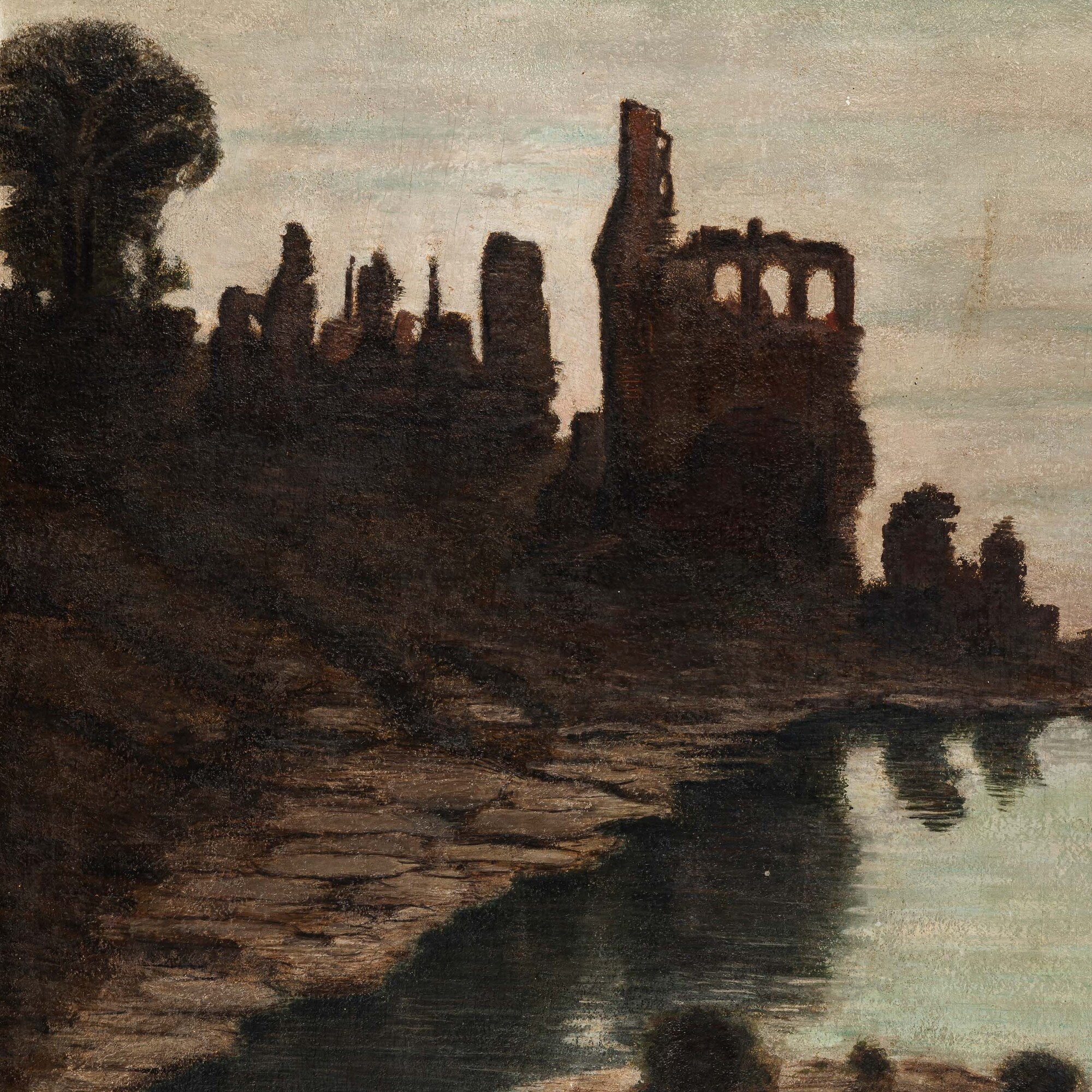 Arturo Nathan - Nave arenata presso una costa con rovina, olio e tempera su tavola