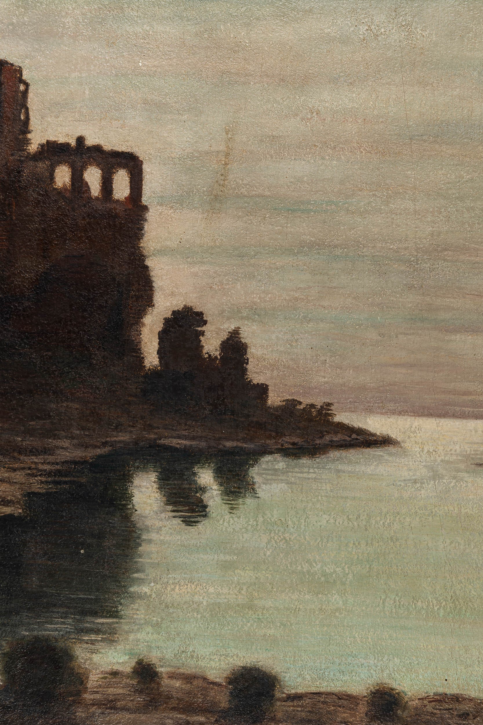 Arturo Nathan - Nave arenata presso una costa con rovina, olio e tempera su tavola