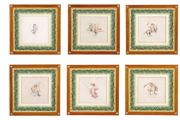 Gruppo di sei stampe a colori raffiguranti divinità; entro cornici