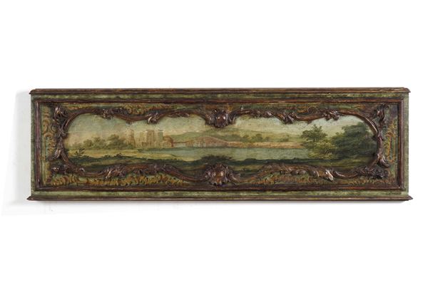 Fregio in legno intagliato dipinto e dorato con paesaggio. XVIII secolo