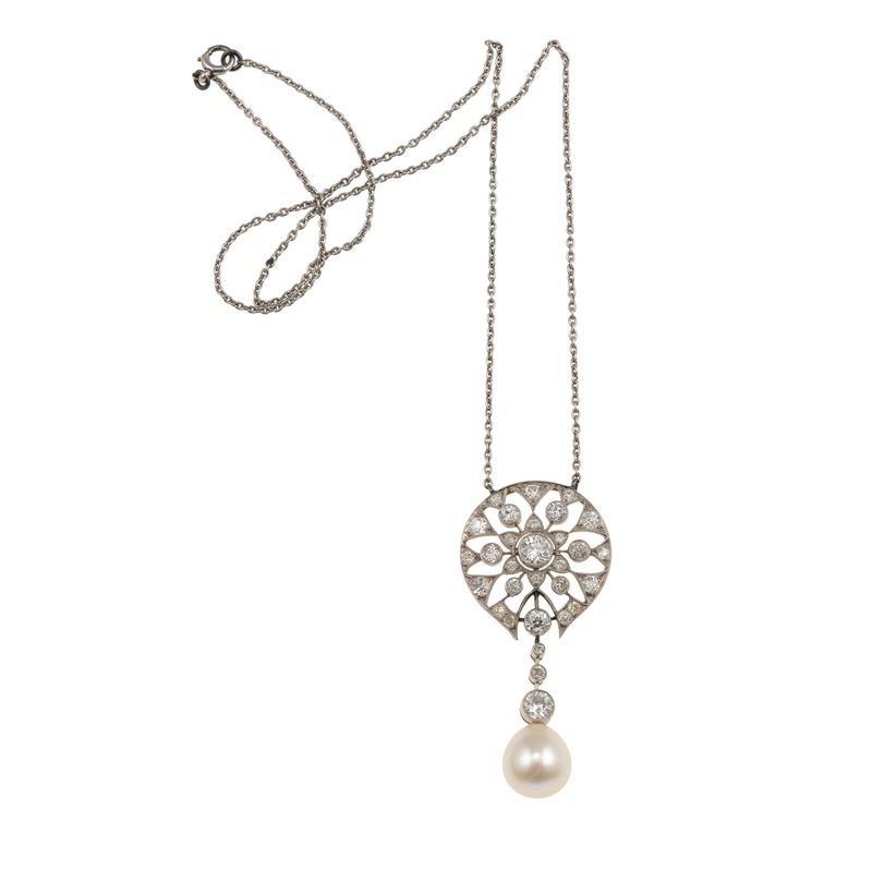 Girocollo con pendente con perla coltivata e diamanti di vecchio taglio  - Asta Fine Jewellery - Cambi Casa d'Aste